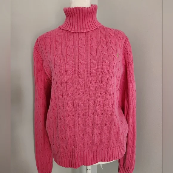 Ralph Lauren Sport Cable-Knit Turtleneck Sweater in Pink W/ Green Logo XL - Picture 2 of 13